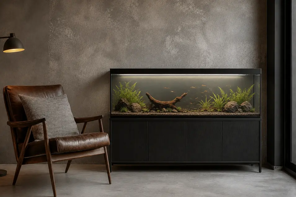Minimalist living room featuring a freshwater aquarium on a black cabinet, paired with a leather lounge chair and modern neutral decor.