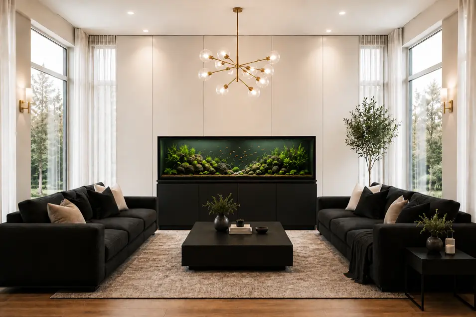 Modern living room with a large aquarium on a stand, black sofas, tall windows, and a contemporary chandelier in a bright, elegant space.