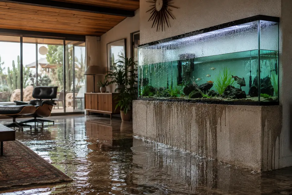 Large home aquarium overflowing and leaking water onto a modern living room floor, creating indoor flooding and visible water damage.