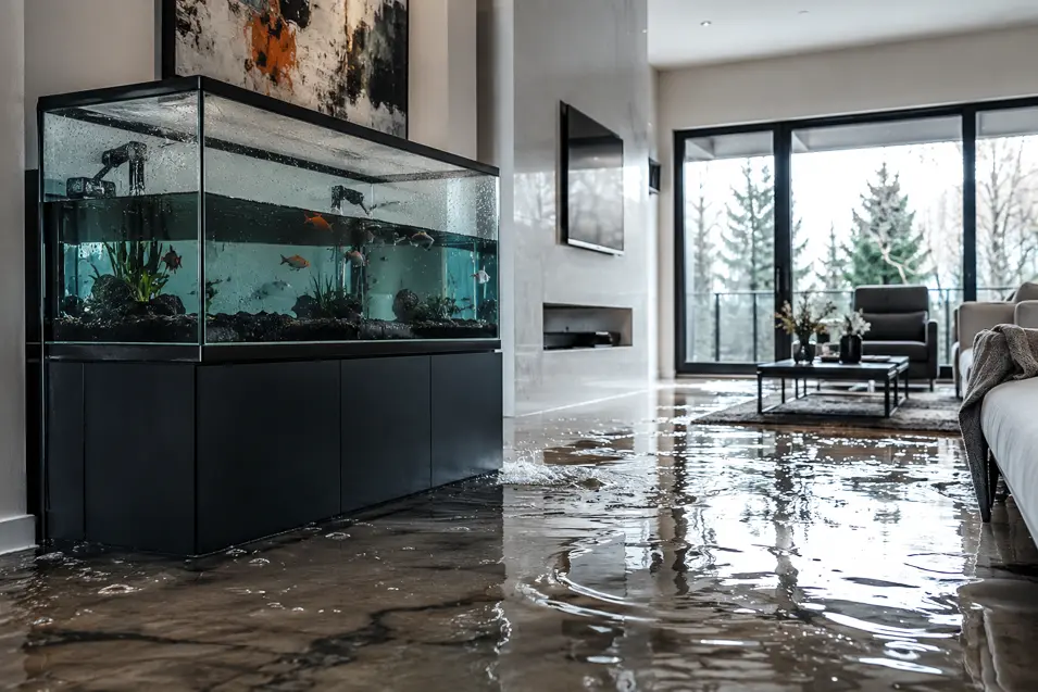 Modern living room flooded by water leaking from a large aquarium, with standing water across the floor and visible indoor water damage.