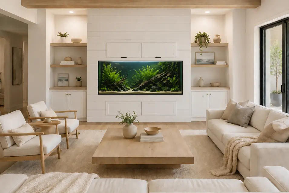 Bright modern living room with a built-in planted aquarium, light wood furnishings, open shelving, and soft neutral décor.