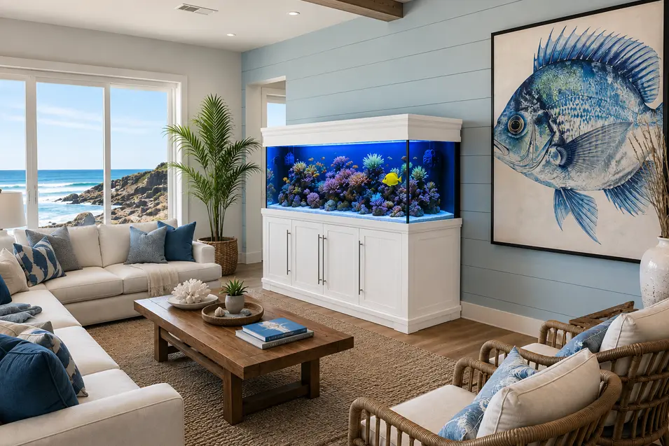 Bright coastal living room with a white reef aquarium, oversized blue fish artwork, ocean views, woven chairs, and relaxed beach-inspired décor.