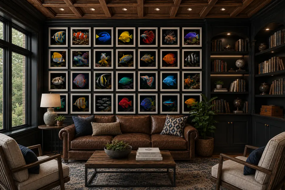 Modern luxury library with dark paneled walls, updated shelving, and colorful tropical fish gallery art above a rich leather sofa in a warm, sophisticated setting.