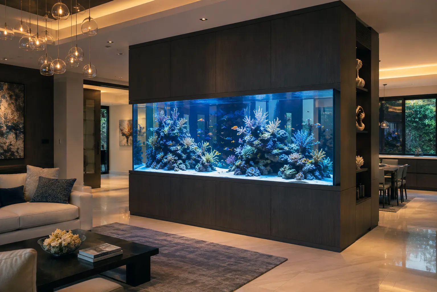 A built-in aquarium seamlessly integrates with the architecture, transforming the space with vibrant marine life, elegance, and living artistry.