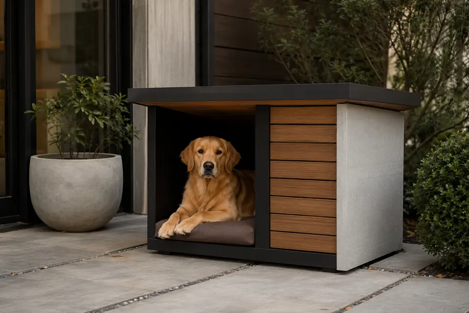 Contemporary luxury dog house with clean architectural lines, wood and concrete finishes, and a sleek modern design in soft natural daylight.