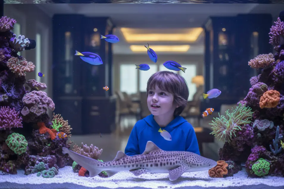 Child smiles while watching fish swim around a spotted bottom-dwelling shark in a large reef aquarium filled with colorful corals and tropical fish.