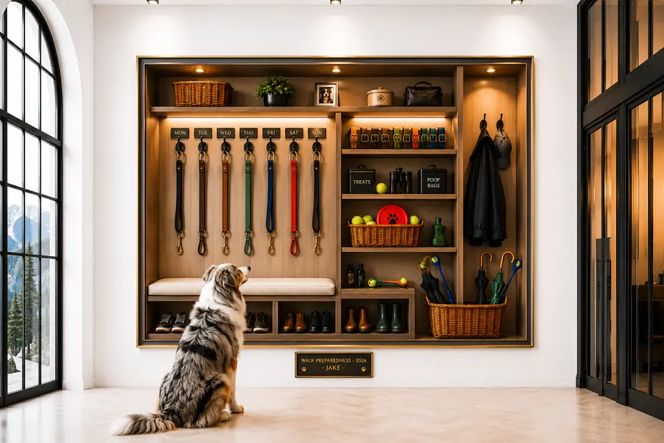 Modern mudroom-inspired wall art featuring dog-walking essentials, framed display storage, and an Australian Shepherd admiring the setup.
