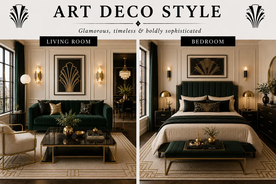 Art Deco style interior showcase featuring a glamorous living room and bedroom with geometric patterns, luxe materials, bold contrasts and gold accents.