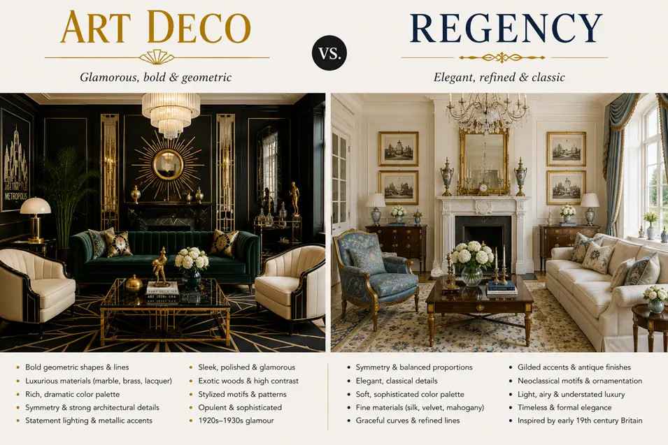 Side-by-side living room comparison: Art Deco with bold geometry, luxe materials and glamour vs Regency with elegant symmetry, classic details and refined sophistication.