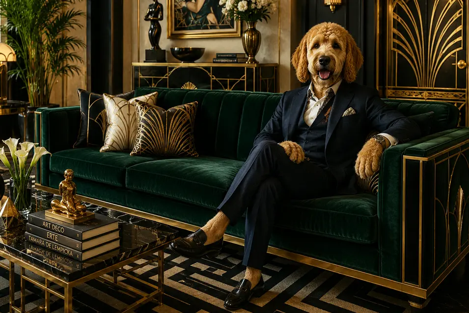 Art Deco living room with a well-dressed doodle interior designer, featuring velvet seating, gold accents, geometric patterns, and luxurious décor.