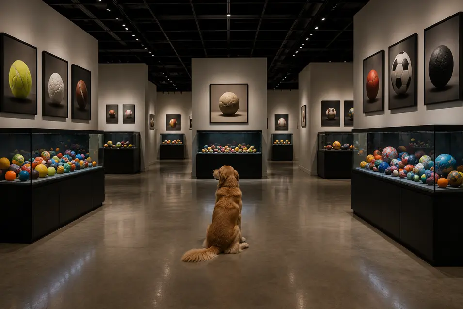 Modern art gallery featuring ball-themed artwork, colorful sphere displays, polished concrete floors, and a Golden Retriever admiring the exhibits under dramatic lighting.