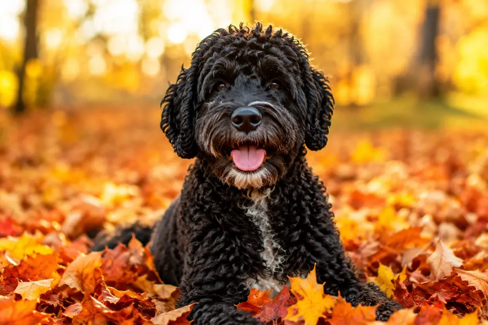 A cheerful Portuguese Water Dog lies among vibrant autumn leaves, bathed in warm golden hour sunlight, with rich curly fur, bright eyes, and a softly blurred seasonal forest backdrop.