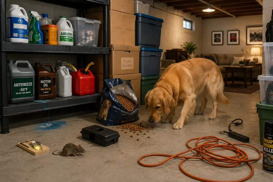 Basement storage dangers for pets, featuring toxic chemicals, antifreeze, rodent traps, exposed electrical cords, spilled pet food, and a dog exploring the area.
