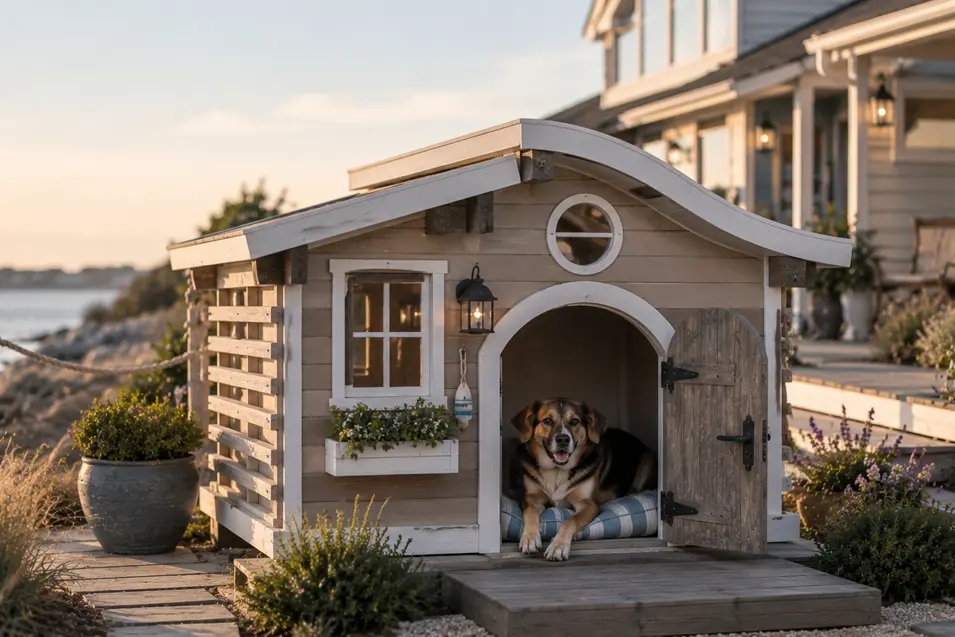 Charming coastal dog house with weathered wood, nautical details and a cozy porch, featuring a happy mixed-breed dog by the waterfront.