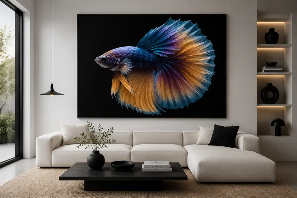 Oversized blue and gold betta fish artwork transforms this minimalist living room, creating a bold contemporary focal point with dramatic color and elegance.