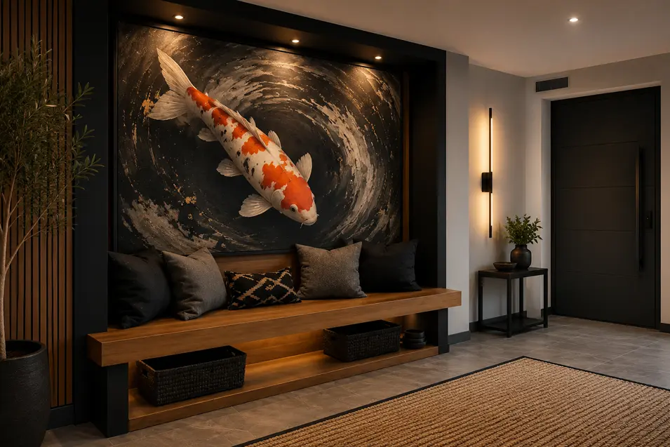 Modern entryway with a floating wood bench, dramatic koi artwork, warm lighting, black accents, and elegant contemporary styling with natural textures.