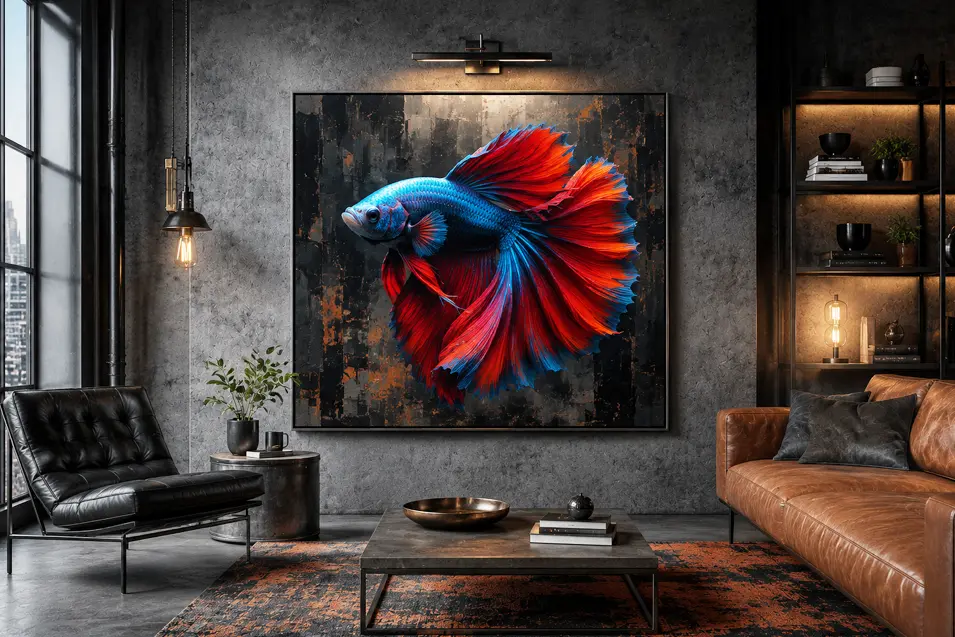 Modern industrial living room featuring a vibrant blue and red betta fish artwork, with leather seating, warm lighting, and sleek contemporary decor.