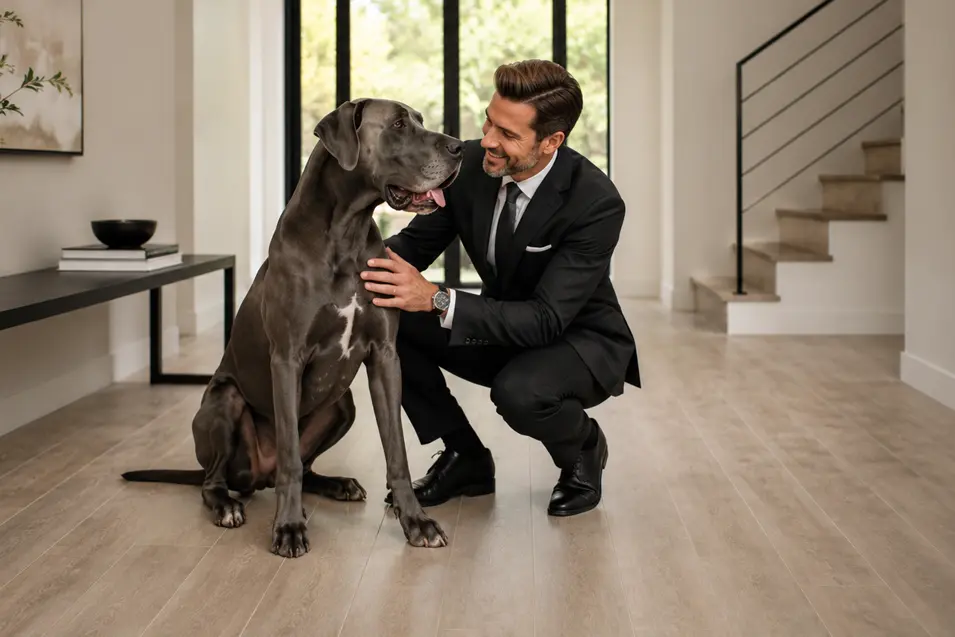 Stylish man in a tailored suit crouching beside a Great Dane on durable flooring in a bright minimalist home, showcasing a spacious, pet-friendly interior designed to accommodate large dogs with style and practicality.