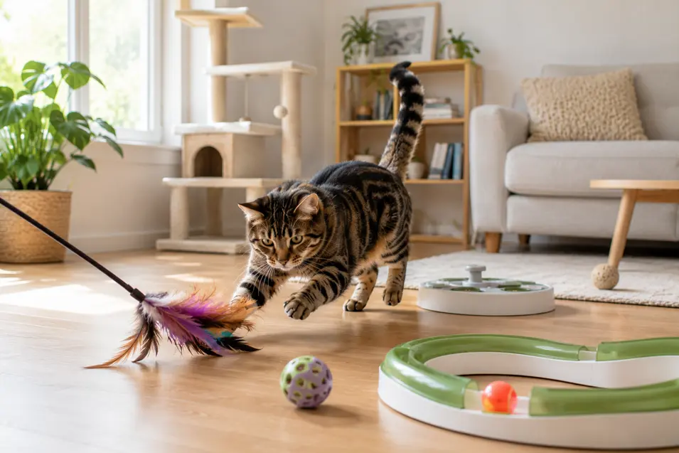 Energetic tabby cat playing with a feather wand toy in a bright living room, surrounded by a puzzle feeder, track toy, cat tree, and other enrichment toys.