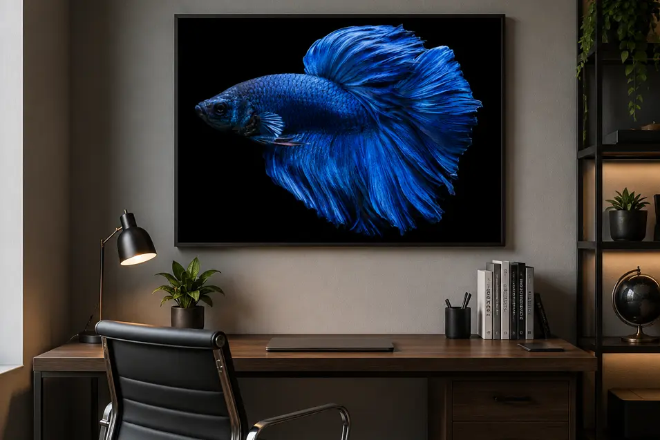 Photorealistic modern home office featuring a large framed blue betta fish artwork above a sleek wood desk, with warm lighting and minimalist decor.