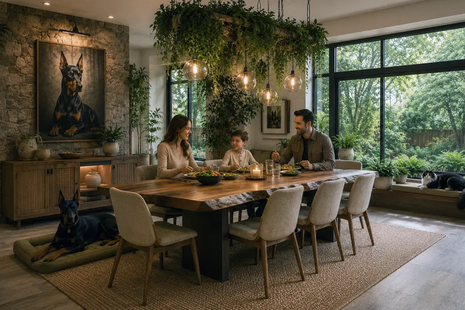Family enjoys dinner in a bright biophilic dining room with a live-edge wood table, hanging plants, a Maine Coon on a window perch, and Doberman artwork.