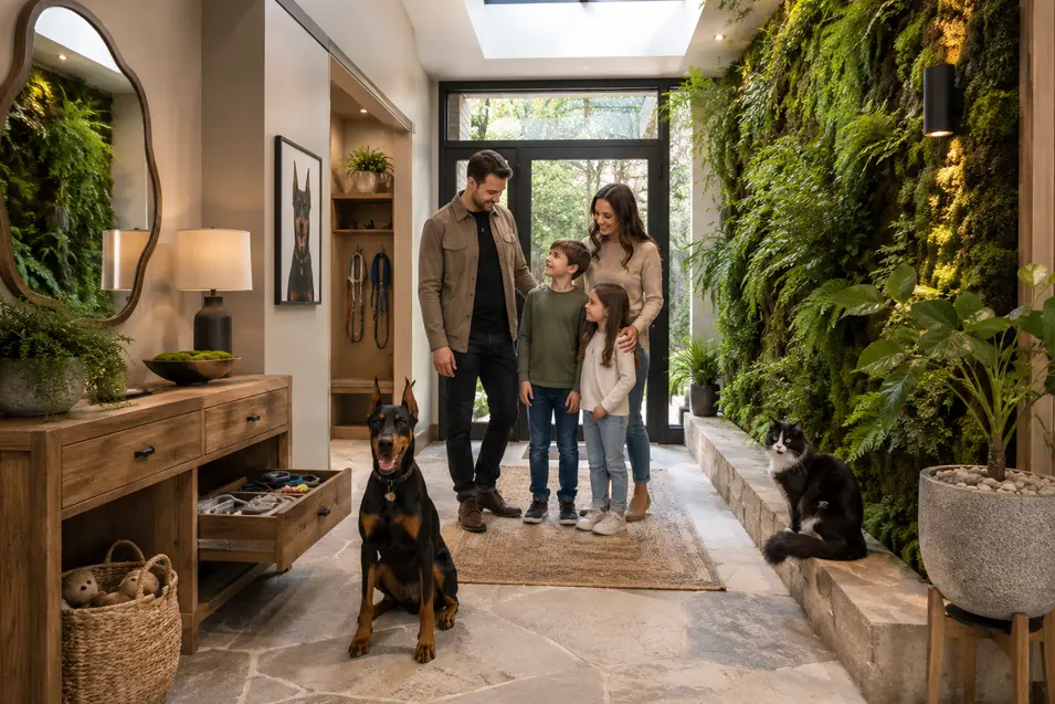 Family of four in a bright biophilic entryway with a Doberman sitting attentively facing the camera and a black-and-white Maine Coon cat nearby.