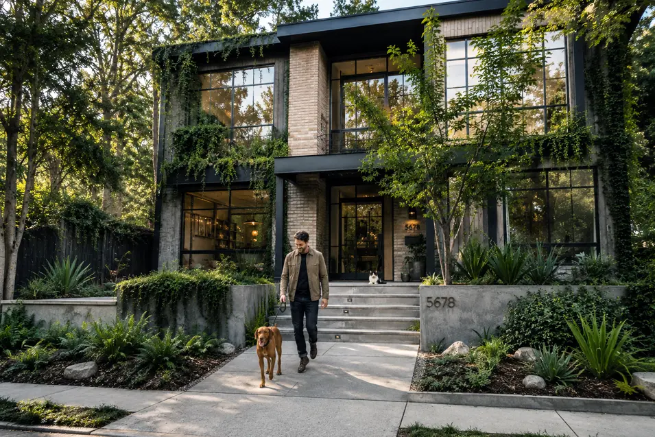 Modern biophilic industrial home exterior with lush landscaping, a man walking his Vizsla down the front steps, and a black-and-white Ragdoll cat by the entrance.