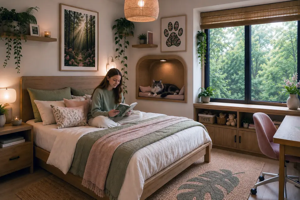 Teen girl reads on her bed in a bright biophilic bedroom with wood furnishings, indoor plants, garden views, and a built-in cat nook.