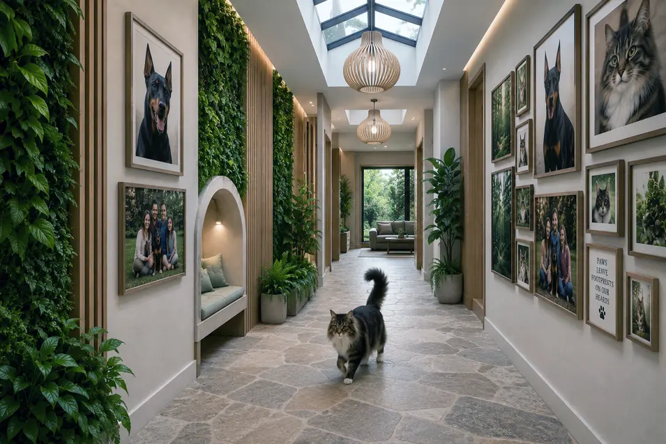 Maine Coon cat walks down a bright biophilic hallway with green walls, skylights, stone flooring, wood accents, and a family-and-pet gallery wall.