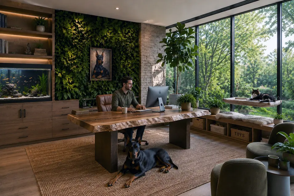Man works at a live-edge desk in a bright biophilic home office with a living wall, aquarium, floor-to-ceiling windows, a Doberman, and Maine Coon perch.