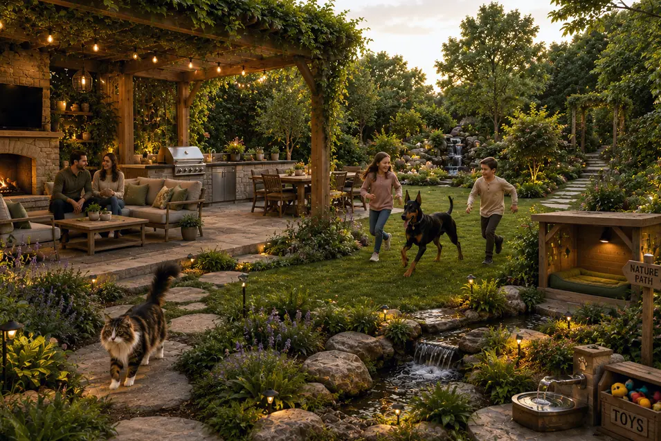 Family enjoys a biophilic backyard with native gardens, stone patio, pergola, waterfall, outdoor kitchen, playful Doberman, and Maine Coon cat.