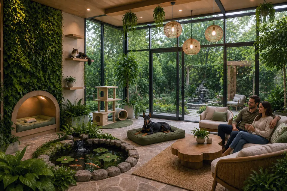 Couple relaxes in a bright indoor garden conservatory with a koi pond, living wall, lounging Doberman, Maine Coon perch, and floor-to-ceiling garden views.