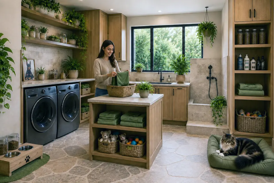 Woman folds laundry in a bright biophilic laundry room with bamboo cabinetry, stone flooring, open shelving, pet bath area, and a Maine Coon resting nearby.