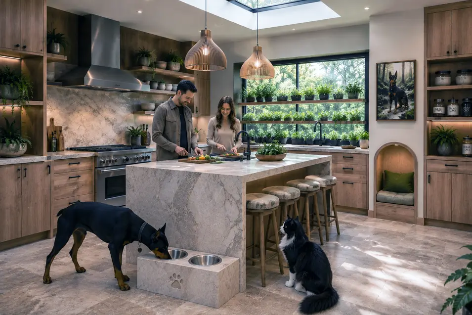 Man and woman cook in a bright biophilic kitchen while a Doberman and Maine Coon use built-in feeding stations integrated into the island base.