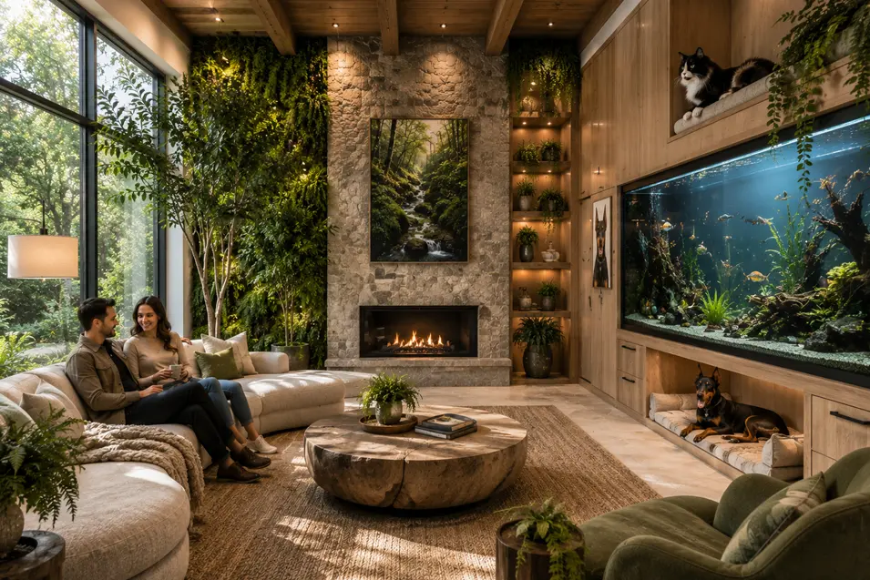 Man and woman relax on a sofa in a bright biophilic living room with a large aquarium wall, Maine Coon perch, and Doberman resting in a built-in bed.