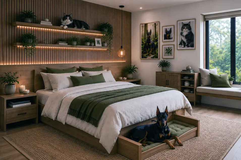 Biophilic primary bedroom with wood slat walls, large windows, a Maine Coon on elevated shelves, and a Doberman resting in a custom wood bed at the foot of the bed.