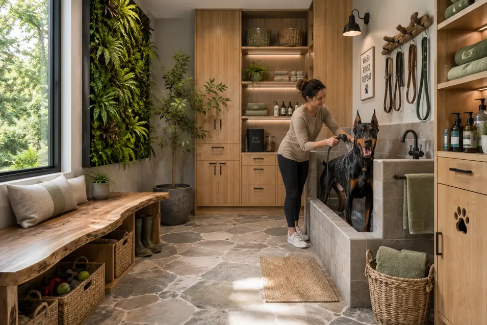 Woman washing a Doberman in a bright biophilic mudroom with stone floors, a living green wall, bamboo cabinetry, daylight, and pet storage.