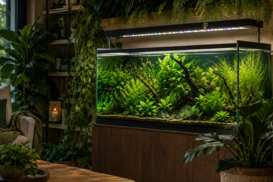 Biophilic living room with a planted freshwater aquarium, LED lighting system, lush indoor plants, natural wood cabinetry, and earthy decor.