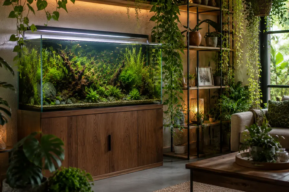 Biophilic living room with a planted freshwater aquarium, abundant indoor plants, natural wood furnishings, and warm ambient lighting.