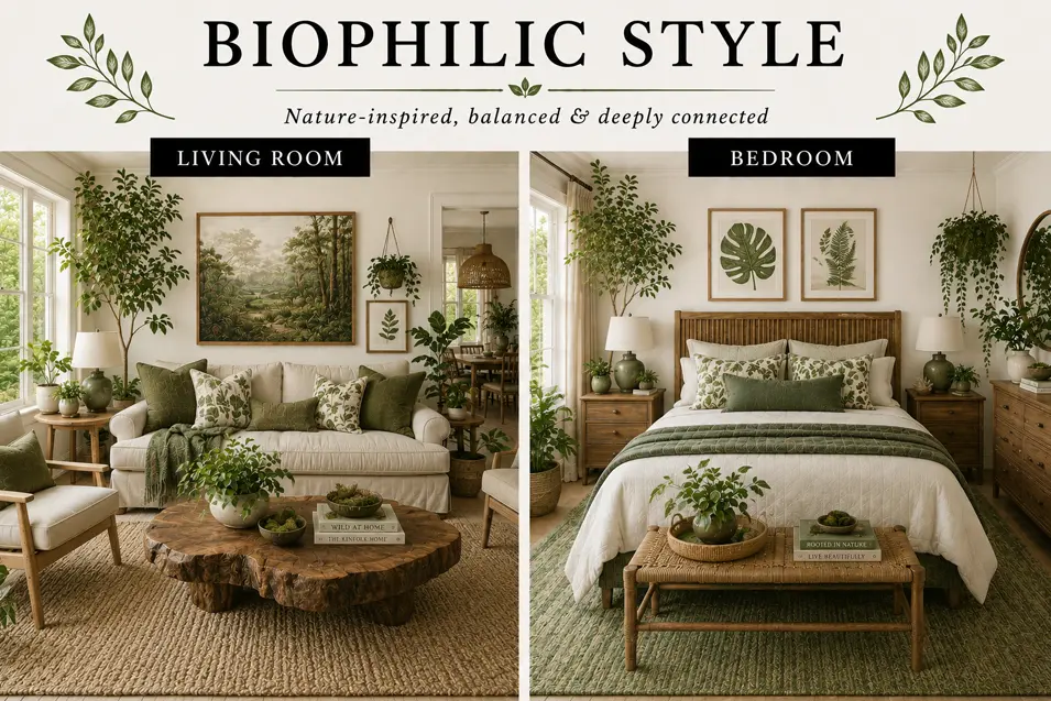 Biophilic style interior showcase featuring a nature-inspired living room and bedroom with abundant greenery, natural materials, organic textures and calming tones.