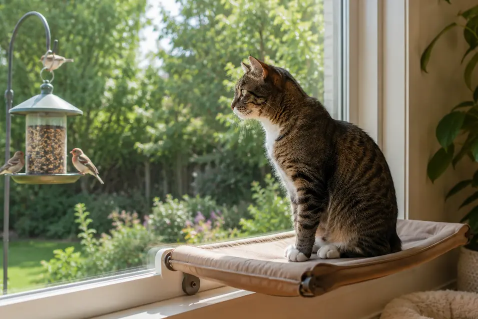 Curious tabby cat sitting upright on a window perch, watching birds at an outdoor feeder in bright daylight from a cozy home setting.