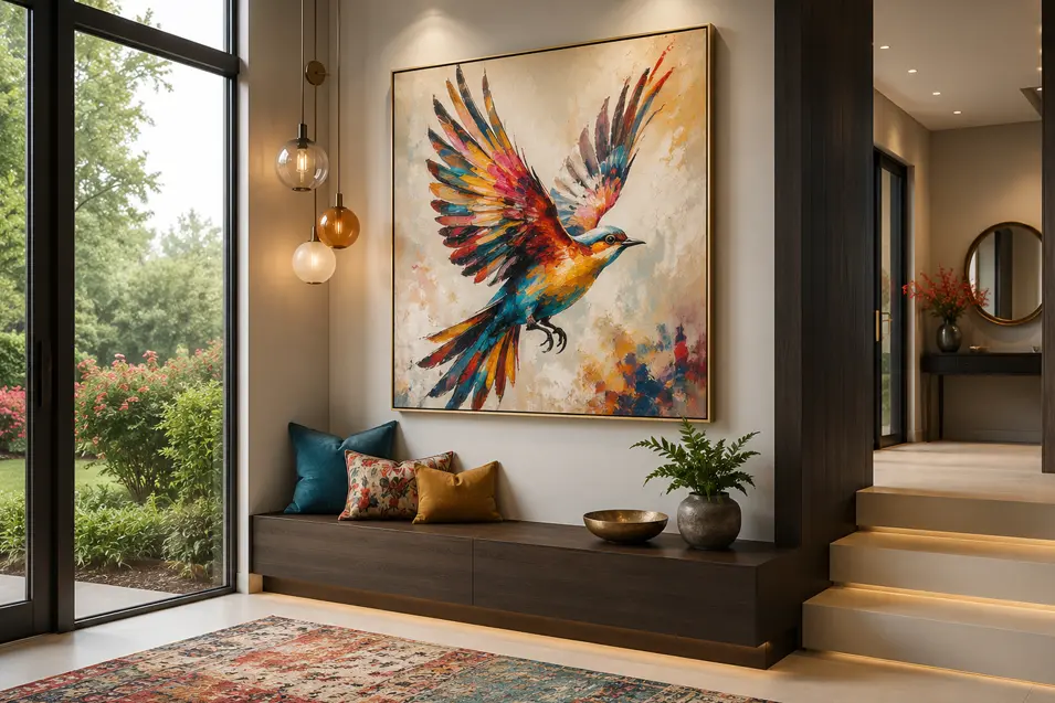 Modern entryway with floor-to-ceiling windows overlooking a landscaped garden. A large, colorful painting of a bird in flight hangs above a dark wood built-in bench with decorative pillows.