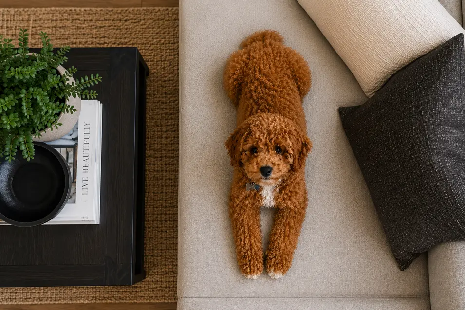 Top-down view of a curly-haired puppy lounging on a modern beige sofa beside a coffee table, surrounded by cozy neutral décor and warm natural light.