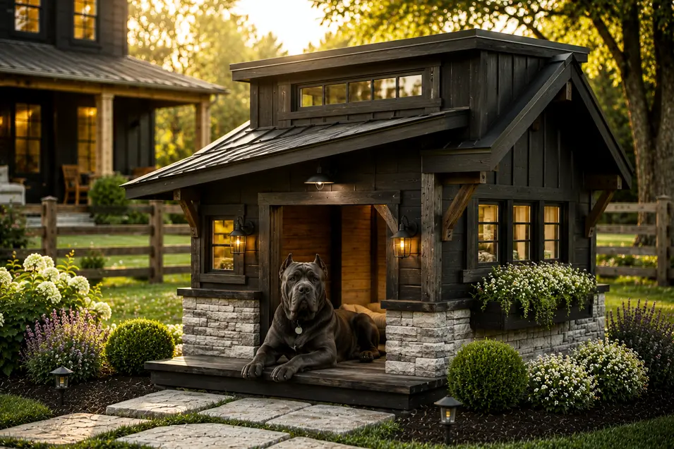 Rustic black farmhouse dog house with a powerful Cane Corso, stone accents, warm lantern lighting, and bold modern country style at golden hour.