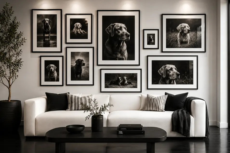 Modern living room with a white sofa against a light gray wall featuring a gallery arrangement of black-and-white framed dog portraits.