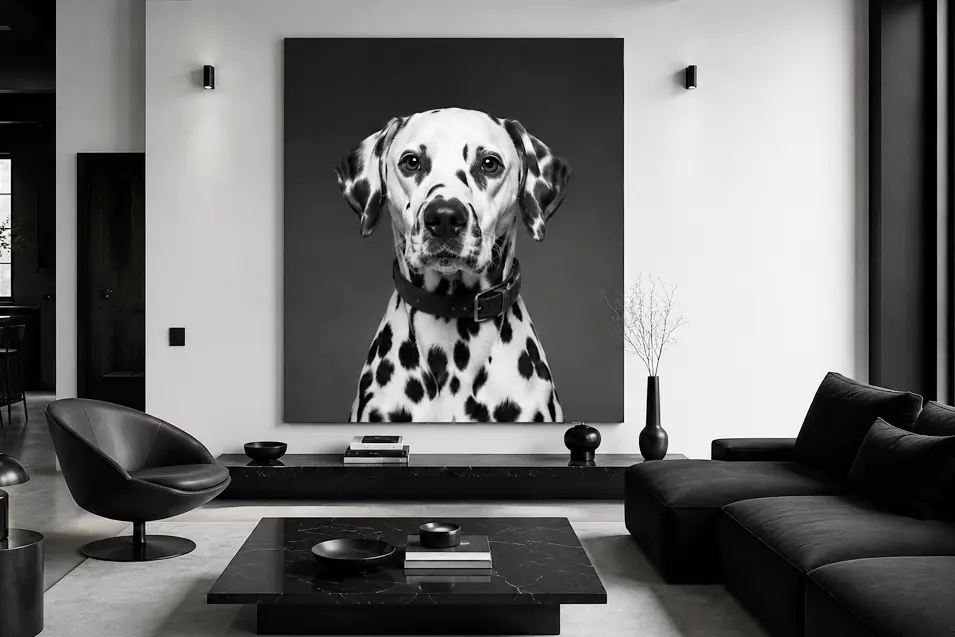 Ultra-modern black-and-white living room with sculptural furniture, a minimalist rug, and a striking oversized Dalmatian portrait.