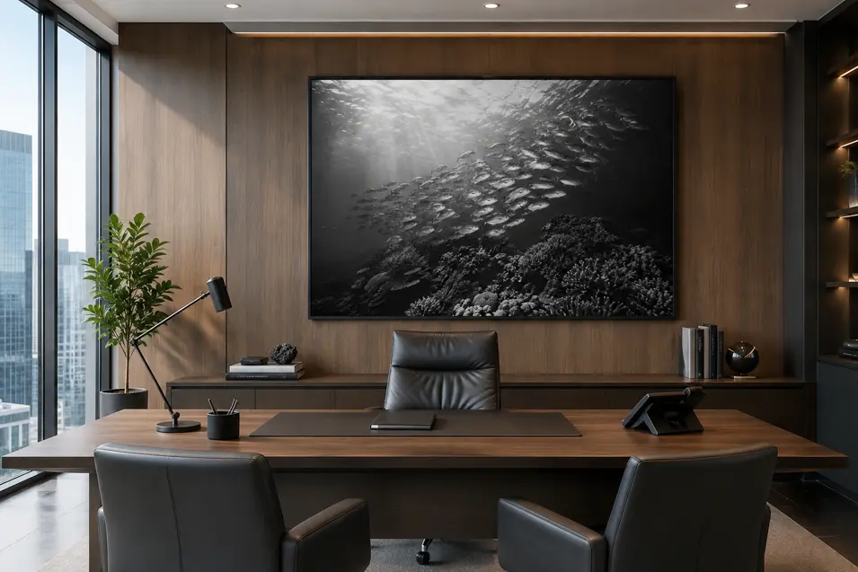 Photorealistic modern executive office with a large framed black-and-white underwater fish photograph, warm wood finishes, sleek furnishings and city skyline views.