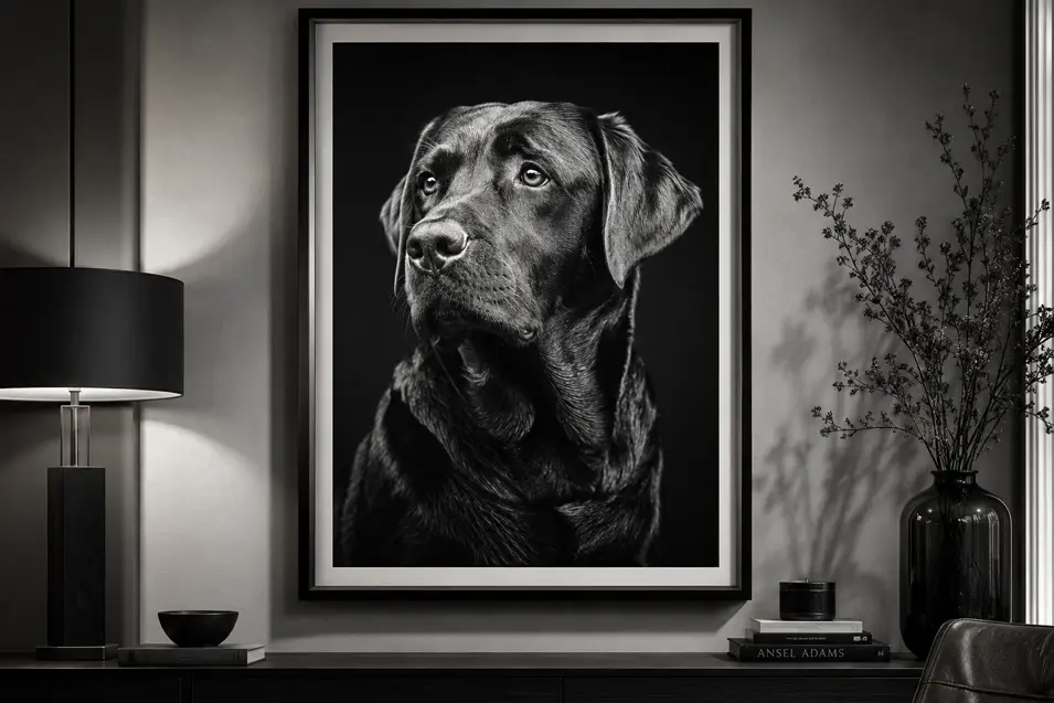 Elegant black-and-white dog portrait in a modern minimalist interior, blending timeless sophistication with striking, high-contrast detail.