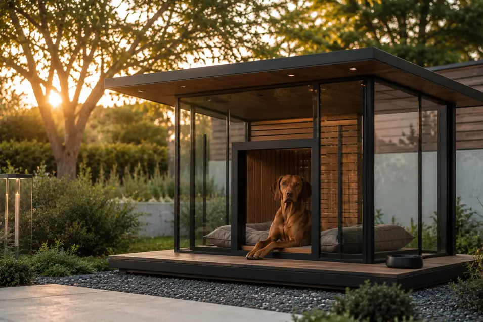 Ultra-modern glass dog house with sleek black framing, warm wood interior, and a spacious deck, featuring a relaxed Vizsla in a luxury landscaped backyard.