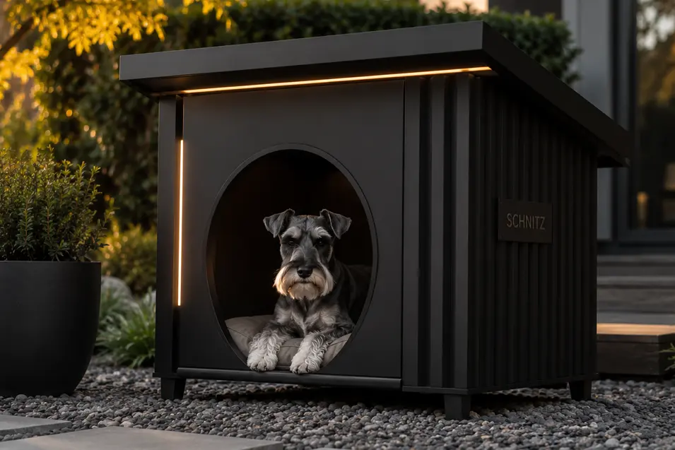 Luxury black modern dog house with sleek lines, LED accent lighting, and a cozy round entrance, featuring a relaxed Miniature Schnauzer in a landscaped backyard.